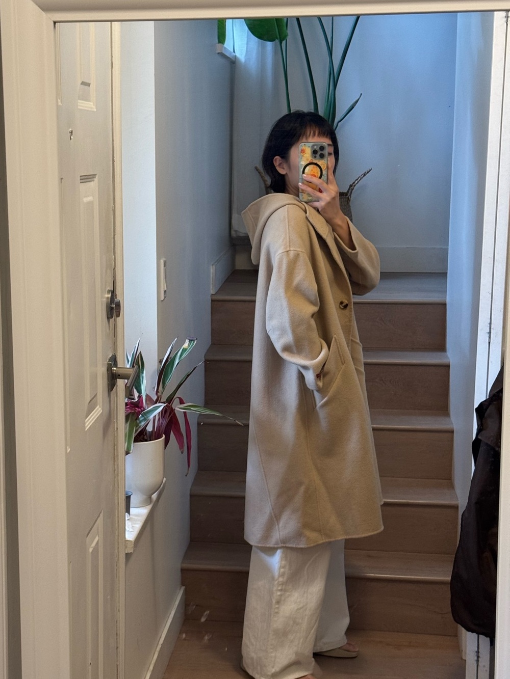 100% WOOL Beige Hooded Long Coat